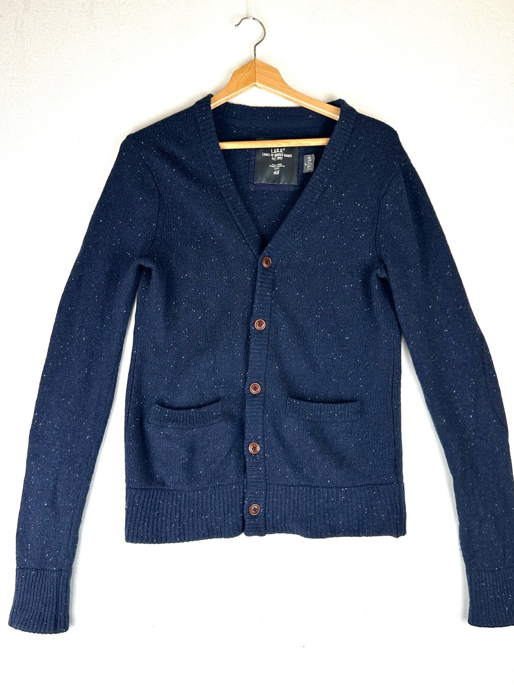 H&M LOGG Wool Blend V-Neck Button Down Cardigan Sweater Speckled Grandpa Preppy